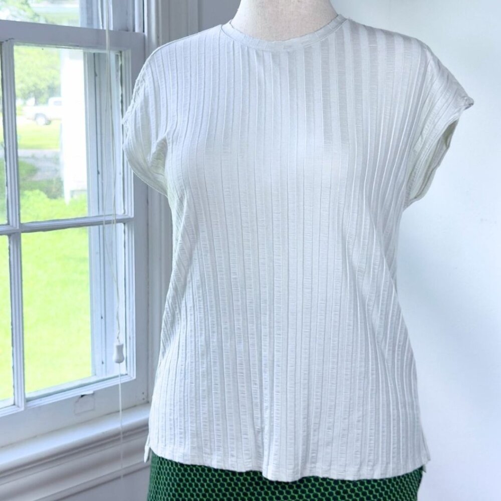 Eileen Fisher Wide Rib Stretch Ribbed Crewneck Boxy White Top Size Small